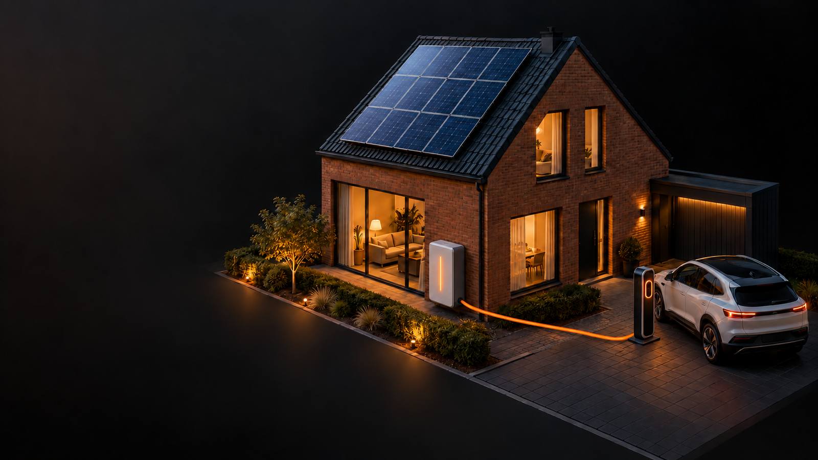 Zonnepanelen op een woning met een thuisaccu en een elektrische auto aan de laadpaal